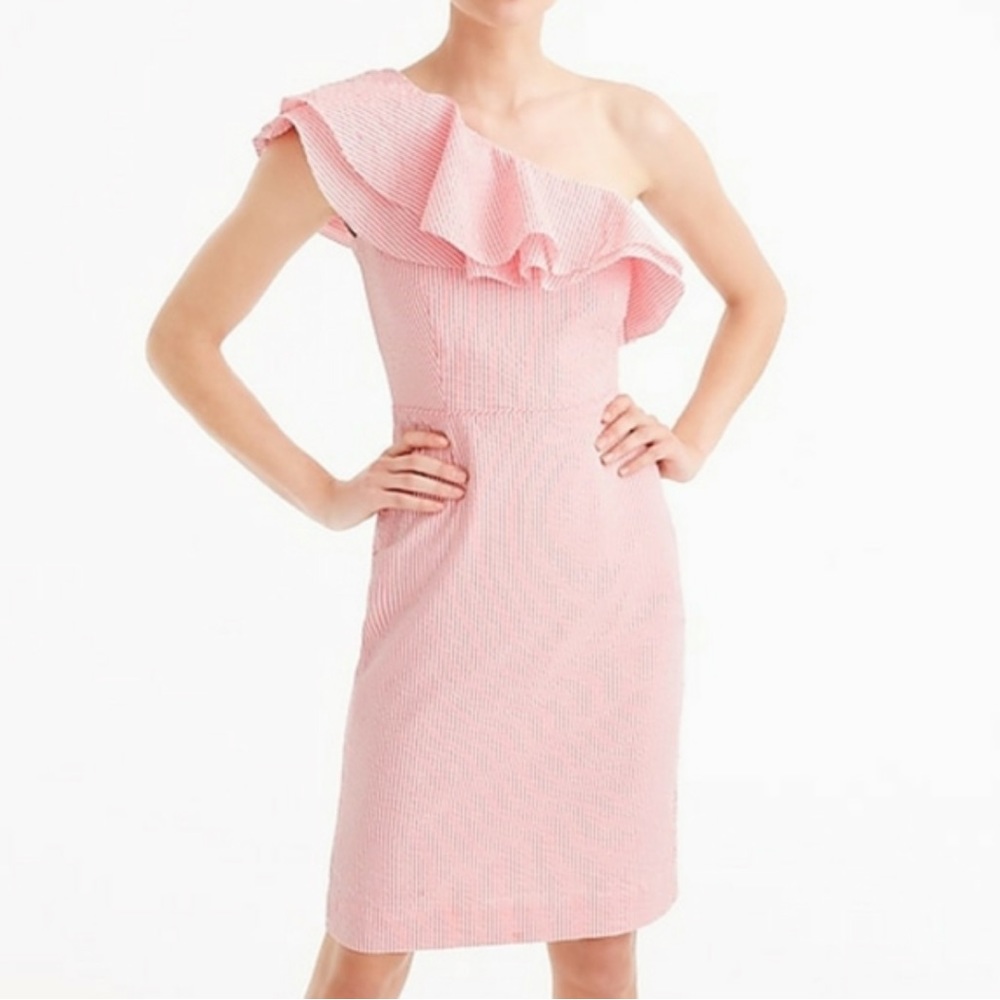 J. Crew Factory One-Shoulder Ruffle Dress in Pink Seersucker, 14